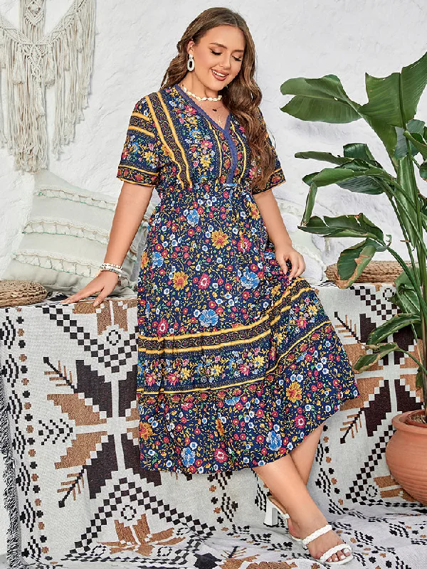 casual dressPlus Blue Floral hollow out Tie Front Maxi Dress