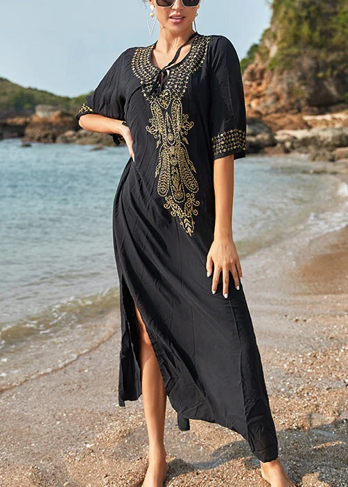 Can't Miss French Black Lace Up Side Open Cotton Long Dresses Summer