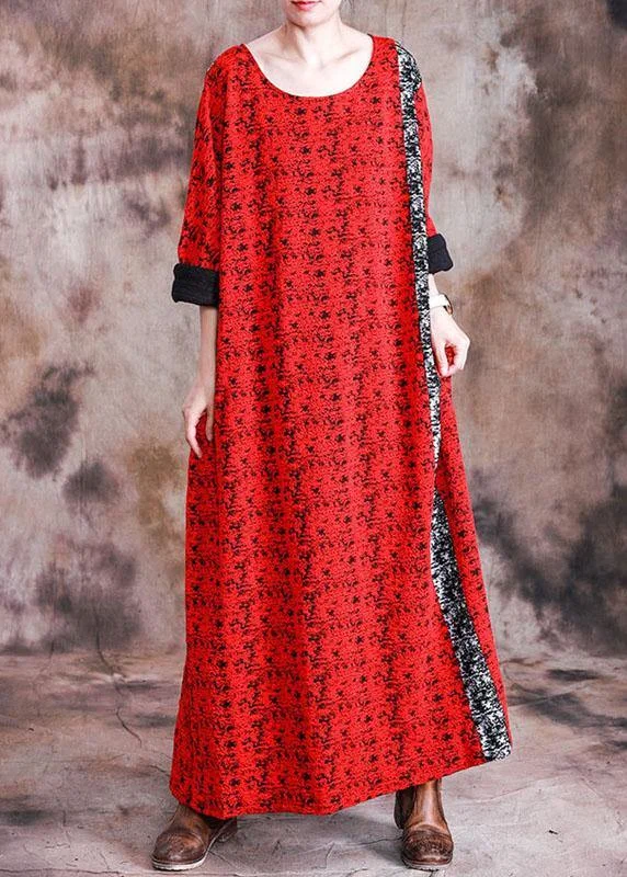 chic wrap dressBeautiful red print cotton quilting dresses o neck long sleeve robes fall Dresses