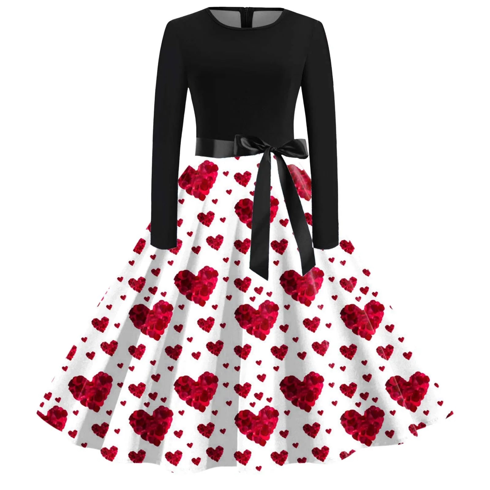 Special Promotion JuliaFashion - Black Love Heart Big Swing Print Vintage Valentines Day Women Winter Casual Long Sleeve Round Neck Party Femme Robe Dress