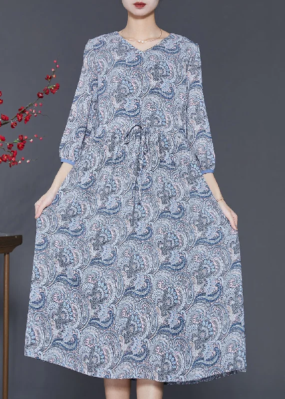 Referral Discount Classy Blue Grey Cinched Print Chiffon Dress Bracelet Sleeve