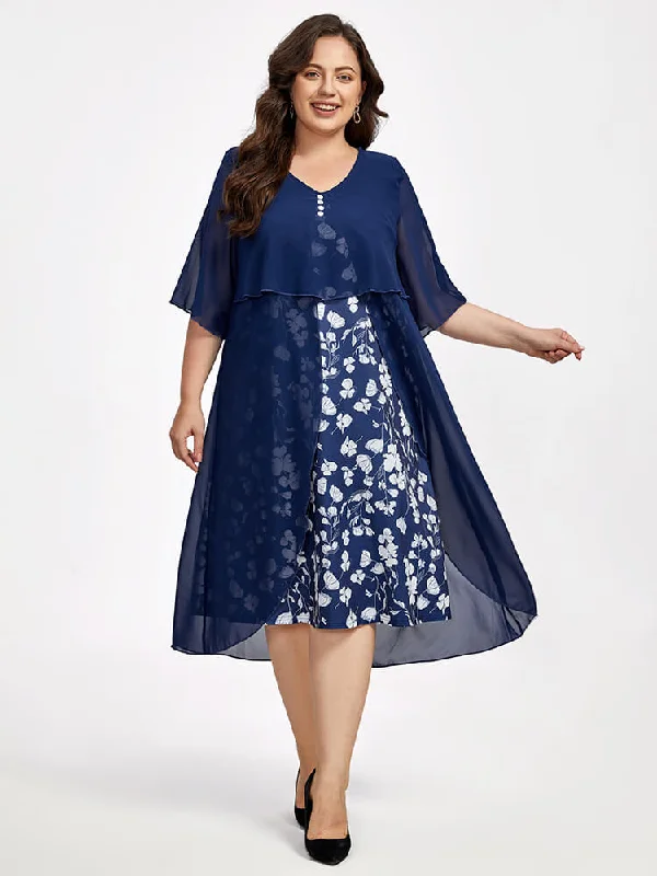 elegant dressPlus Floral Patchwork Flutter Sleeve Round Neck 2 In 1 Midi Dress