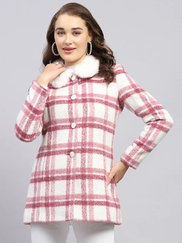 contemporary coatWomen Pink Check Collar Full Sleeve Coat