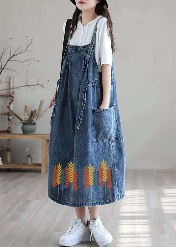 ruched dressPlus Size Blue-Leaves drawstring pocket Spaghetti Strap Cotton denim Dress Spring