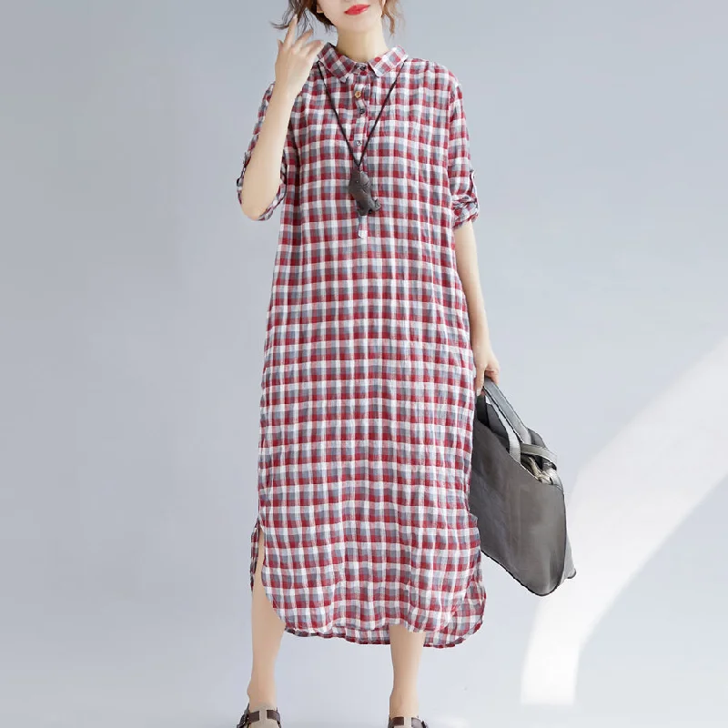 elegant evening dressElegant red Plaid cotton maxi shirt dress oversize Turn-down Collar gown 2018 long sleeve side open cotton shirt dresses