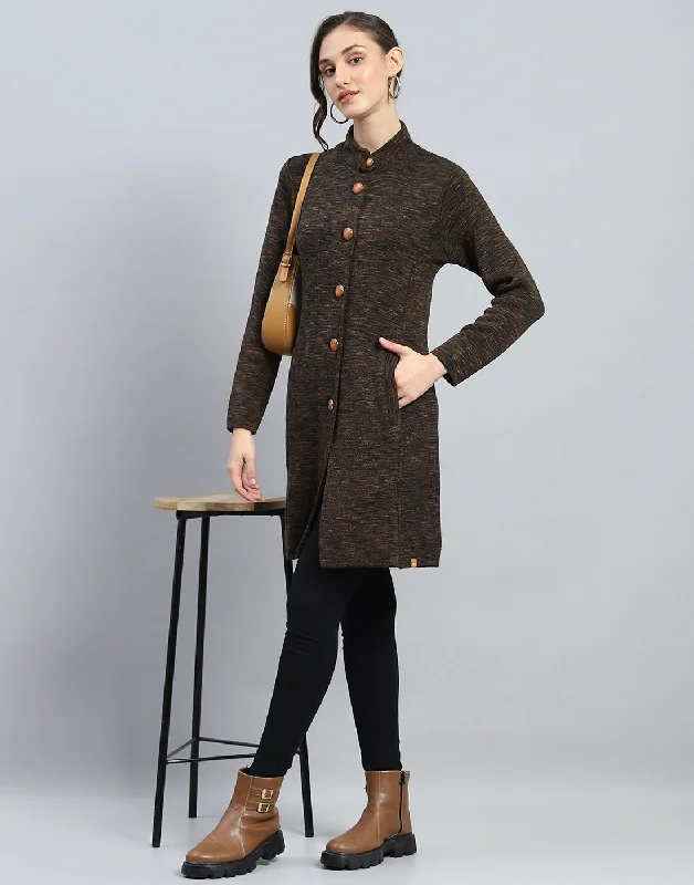 lightweight outerwearWomen Brown Self Design High Neck Full Sleeve Knitted coat