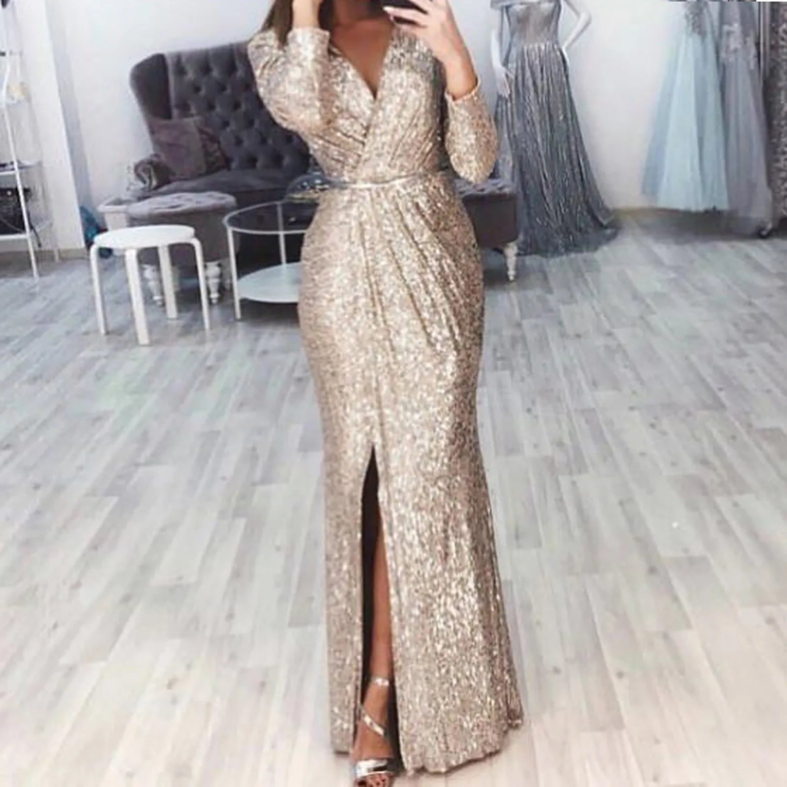 Deal Frenzy JuliaFashion - 2024 V Neck Floor Length Long Sleeve High Slit Sequin Mermaid Nightclub Evening Gowns Lady Elegant Dress