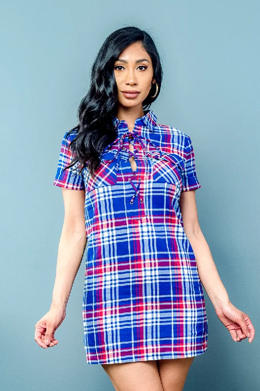 Limited Stock Plaid Mini Dress with Lace Up Collar and Front Flap Pockets (70015)