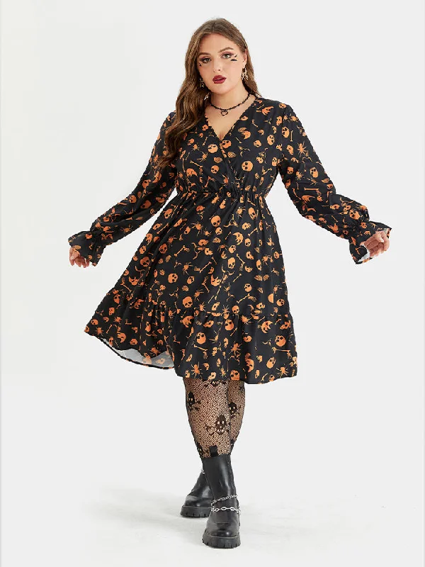 sleeveless dressHalloween Skull Print Flounce Sleeve Pocket Midi Dress