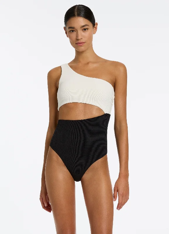 Super Deal Versa Rib One Shoulder One Piece - Black/Cream