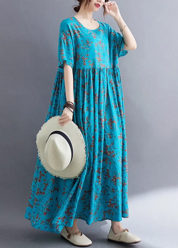 casual summer dressLoose Blue O Neck Print Wrinkled Cotton Dresses Summer