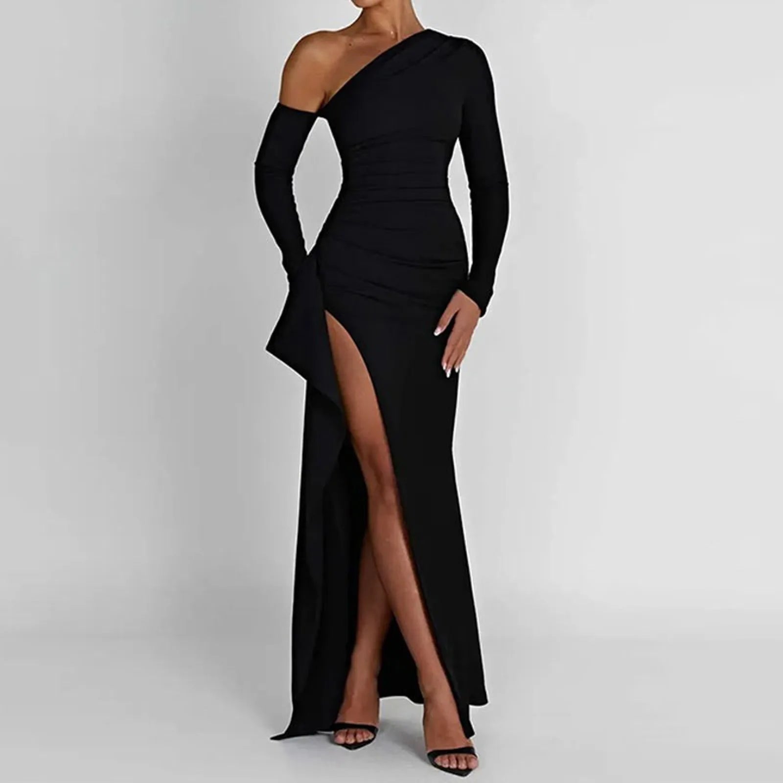 Final Markdown JuliaFashion - Sexy Oblique Shoulder Thigh High Split Maxi Long Sleeve Bodycon Irregular Split Long Party Evening Vestidos Dress
