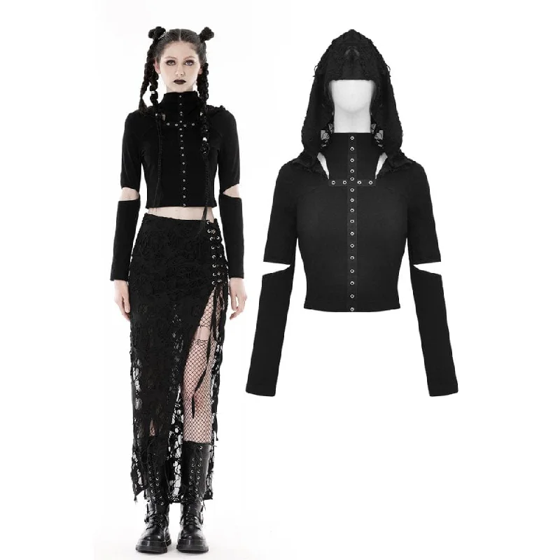 Sale Event Women's Punk Cutout Eyelet Crop Top with Ripped Hood