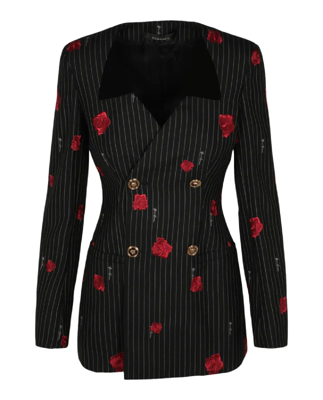 Special Discount Rose Print Striped Double Breasted Blazer