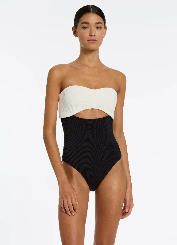 Stock Clearance Versa Rib Cut Out Bandeau One Piece - Black/Cream