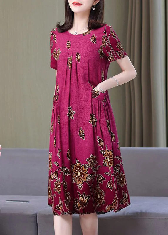 comfy dressLoose Rose O Neck Print Pockets Cotton Dresses Summer