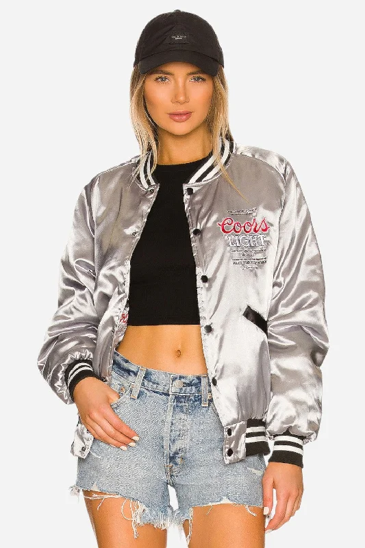 minimalist jacketThe Laundry Room Coors Light Varsity Bomber Jacket in SIlver