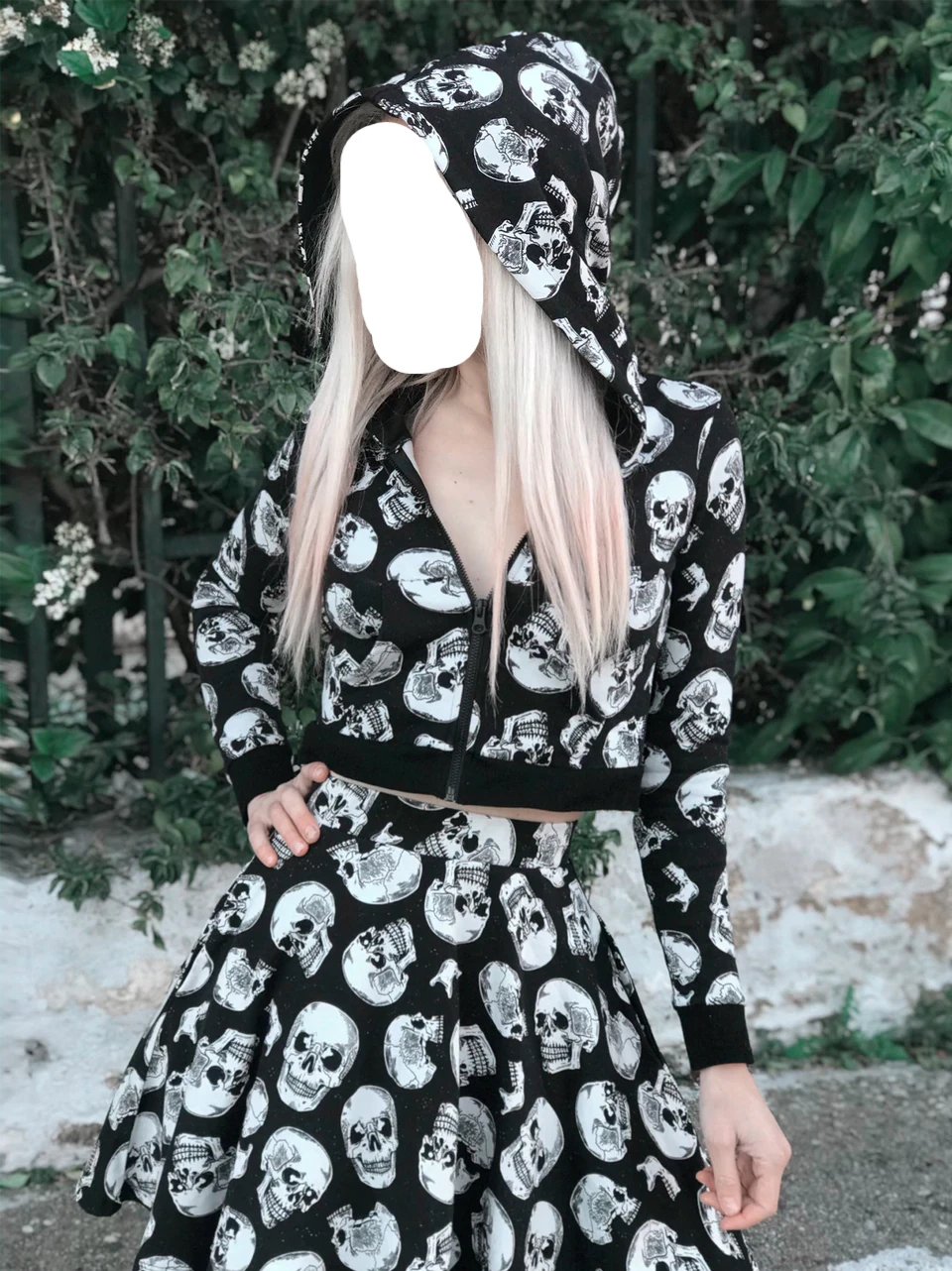 Lowest Price Black/White Skull Duggery Cropped Zipper Hoodie
