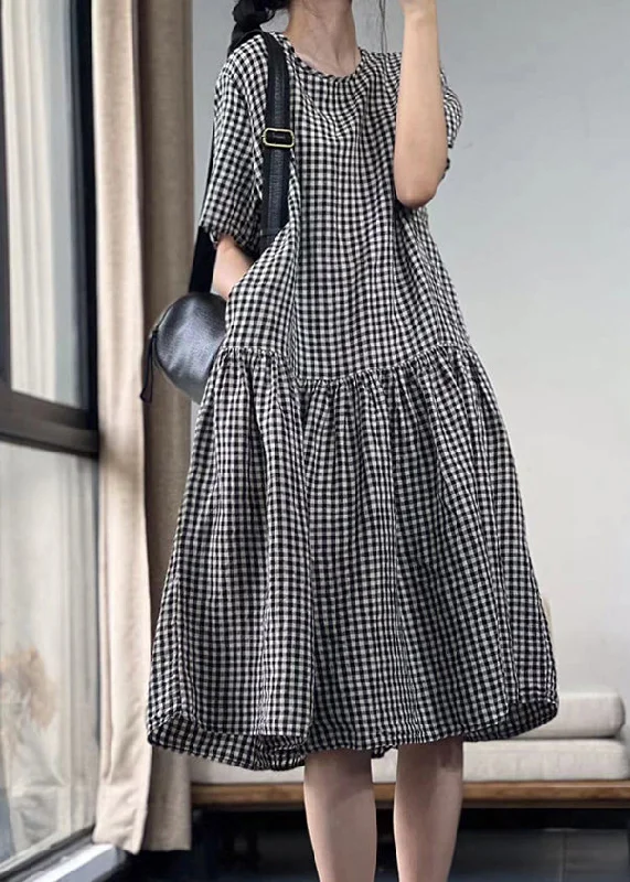 casual midi dressItalian Black Plaid O Neck Pockets Cotton Dresses Summer