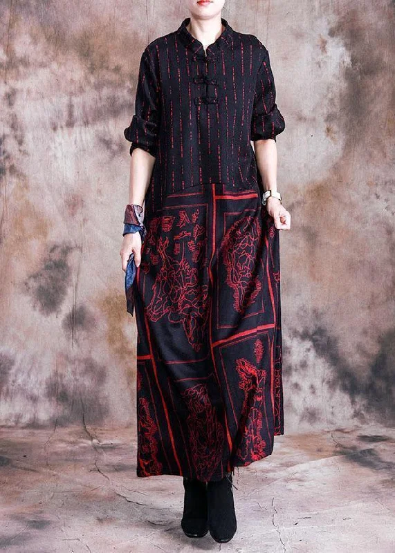 A-line dressHandmade stand collar wool tunic dress design red prints Plus Size Dress fall