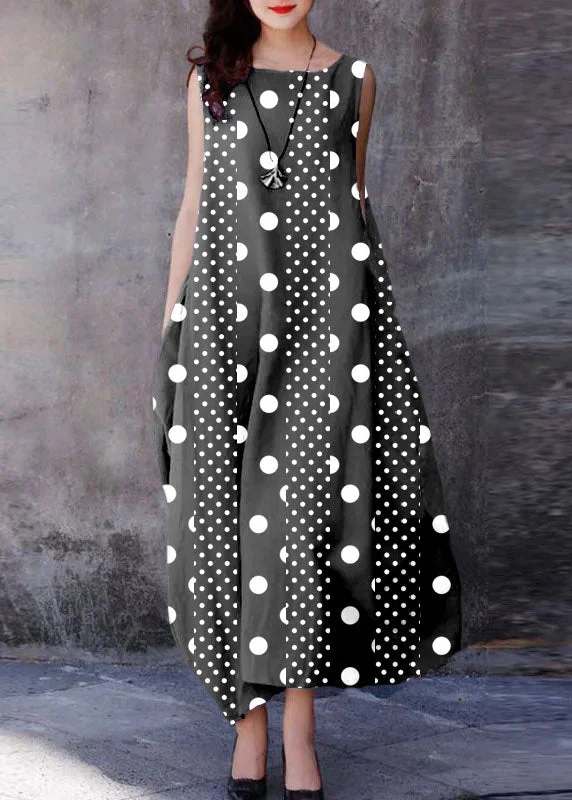 floral dressBohemian Black spliced polka dots O-Neck Exra Large Hem Cotton Dresses Sleeveless