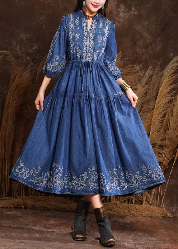 Bargain Prices Fitted Navy V Neck Embroidered Patchwork Elastic Waist Maxi Denim Dresses Half Sleeve
