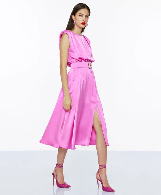 YEAR-End Clearance Access Pink Pink Midi Satin Dress With Belt