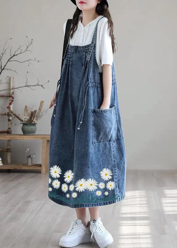 party-ready dressPlus Size Blue-white flower drawstring pocket Spaghetti Strap Cotton denim Dress Spring