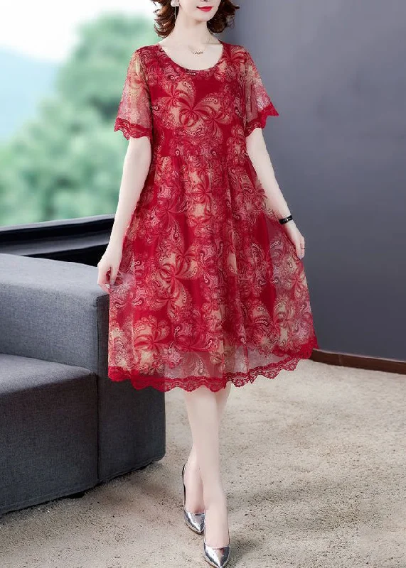 Instant Discount Elegant Red O Neck Print Lace Tulle Dress Summer