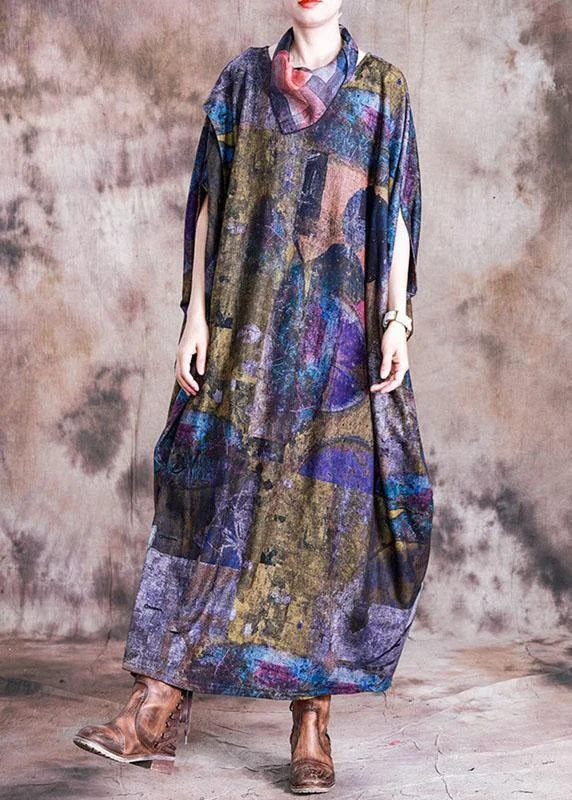 ruched dressVivid blue print cotton dress o neck Batwing Sleeve Maxi fall Dress