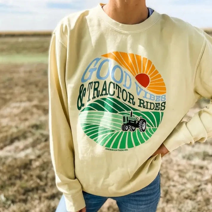 Doorbuster Deal American Farm Co. "Good Vibes & Tractor Rides" Sweatshirt in Yellow