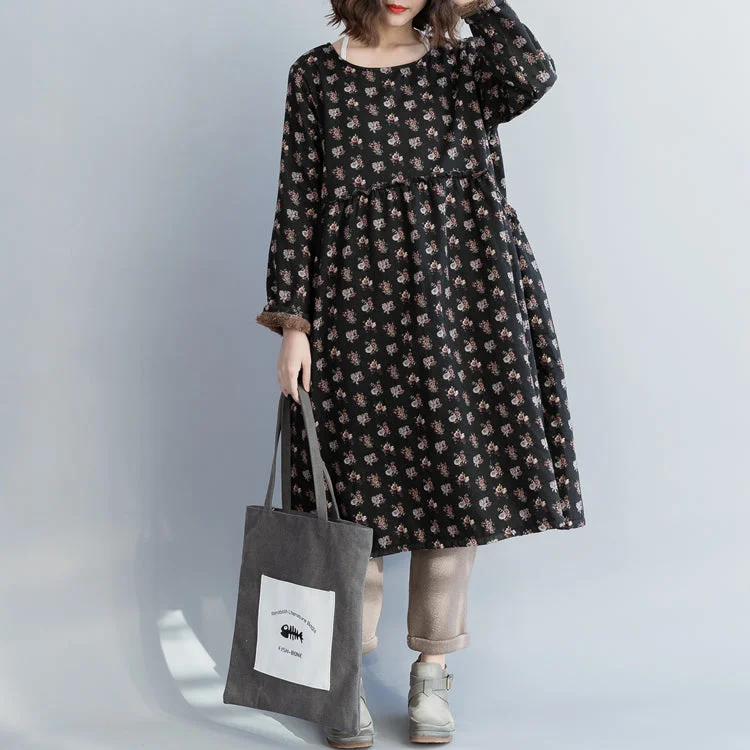 floral midi dressWomen linen cotton dress Pakistani o neck Cinched Shape black floral Love Dresses