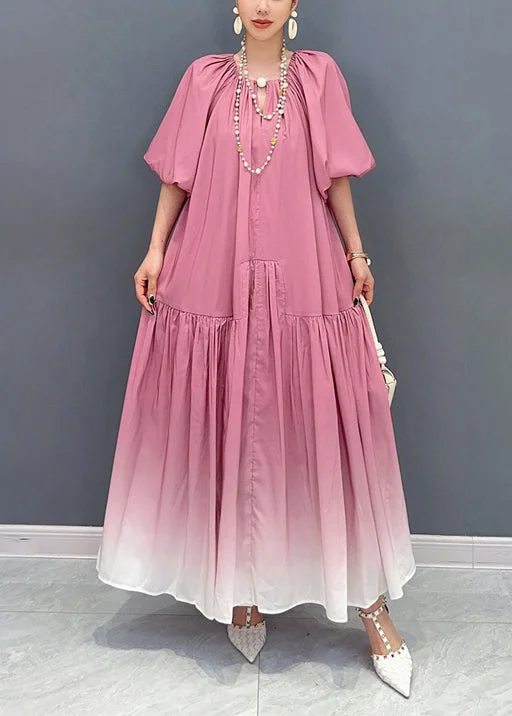 ruched dressStylish Gradient Pink Puff Sleeve Wrinkled Patchwork Cotton Long Dresses