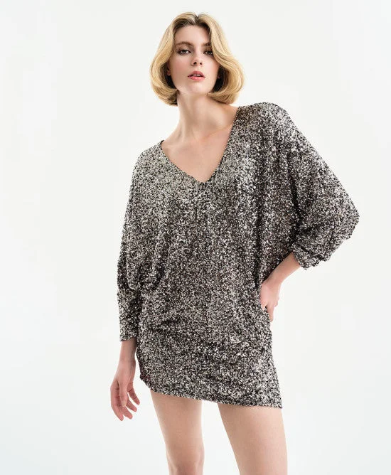Value Deals Access Fashion Silver Sequin Dress With V Neckline