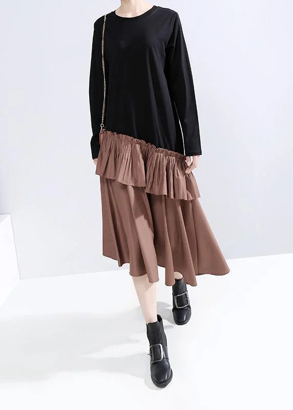 satin dressElegant ruffles cotton patchwork Tunics Shape khaki Maxi Dresses