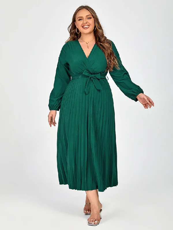 sleek dressPlus V-Neck Belted Lantern Sleeve Maxi Dress