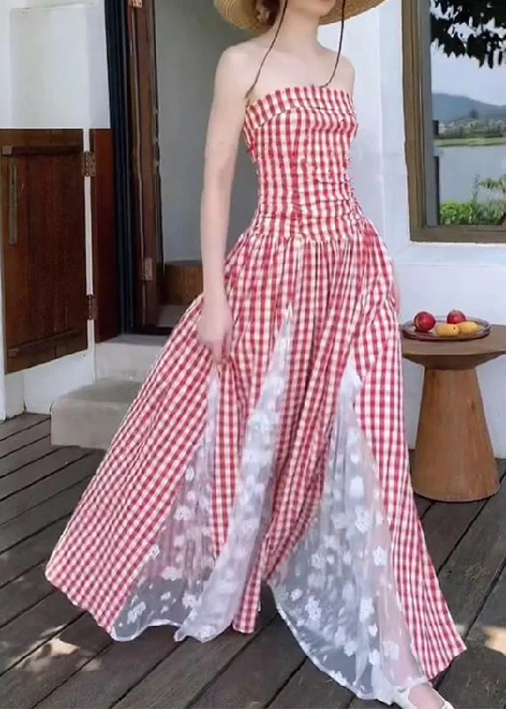 Price Rollback French Red Plaid Lace Patchwork Off The Shoulder Dress Summer