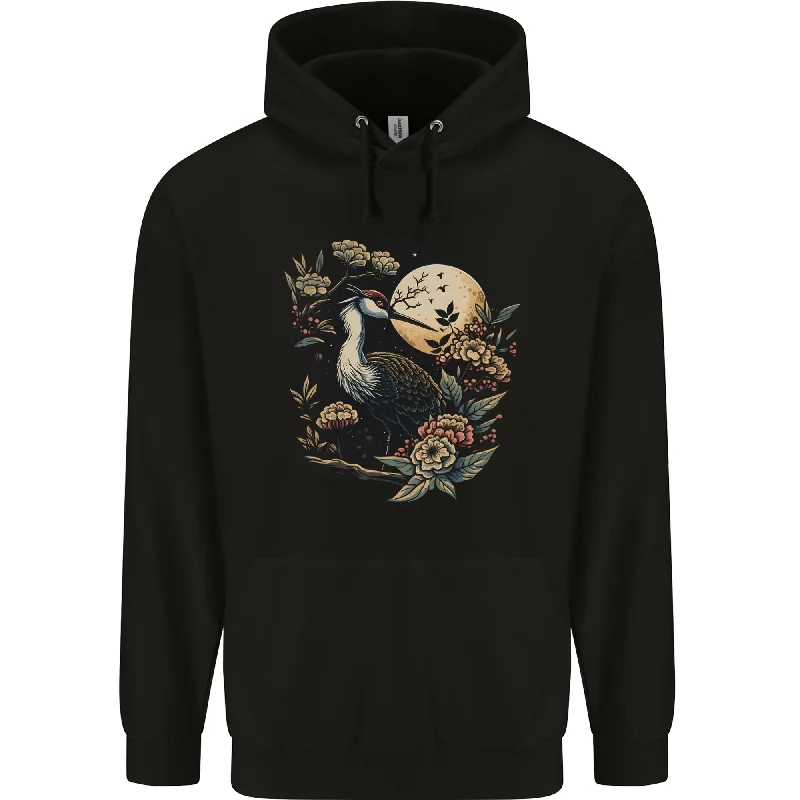 A Crane With Flowers and Moon Bird Mens 80% Cotton Hoodie