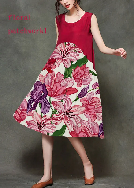 t-shirt dressCasual Wine Red-floral patchwork1 O-Neck Wrinkled Long Dresses Sleeveless