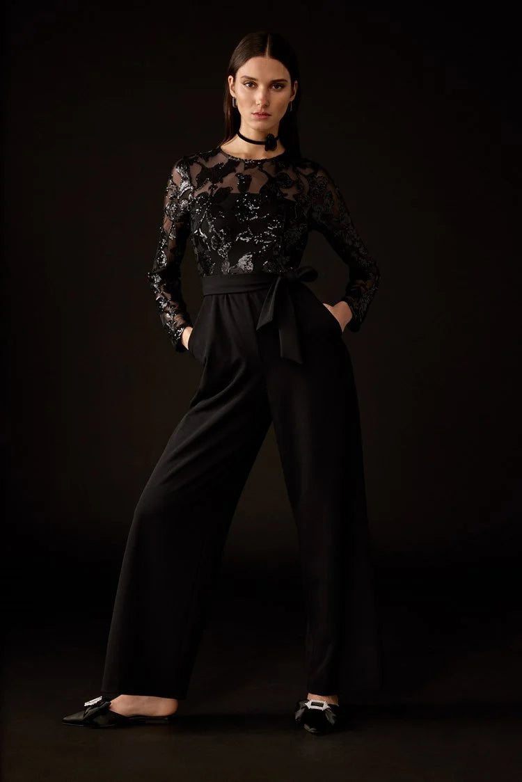 New Markdowns Joseph Ribkoff Black Scuba Crepe And Sequins Mesh Jumpsuit