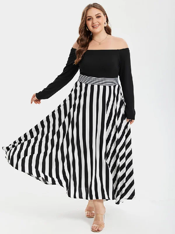 statement dressStriped Print Off Shoulder Elastic Waist High Low Maxi Dress