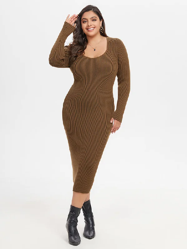 ashionable dressSquare Neck Ribbed Knit Midi Sweater Dress