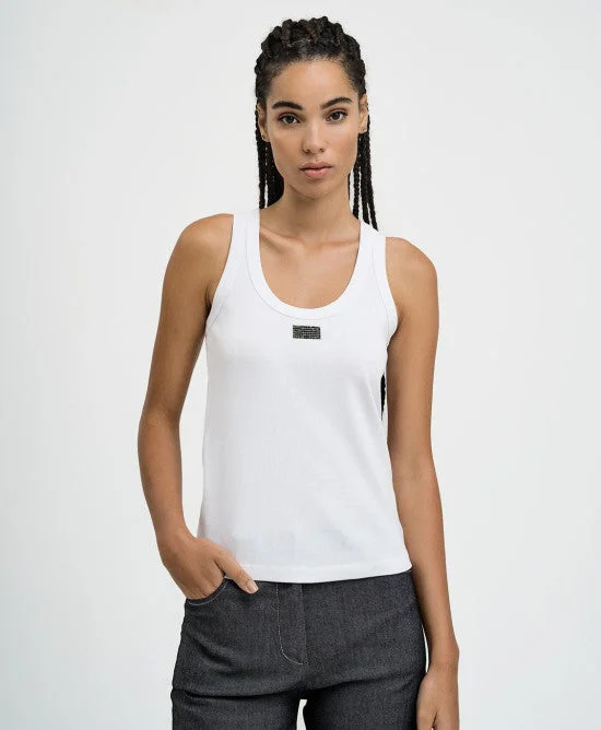 Limited Stock Access Fashion White Ribbed Sleeveless Top With Rhinestones