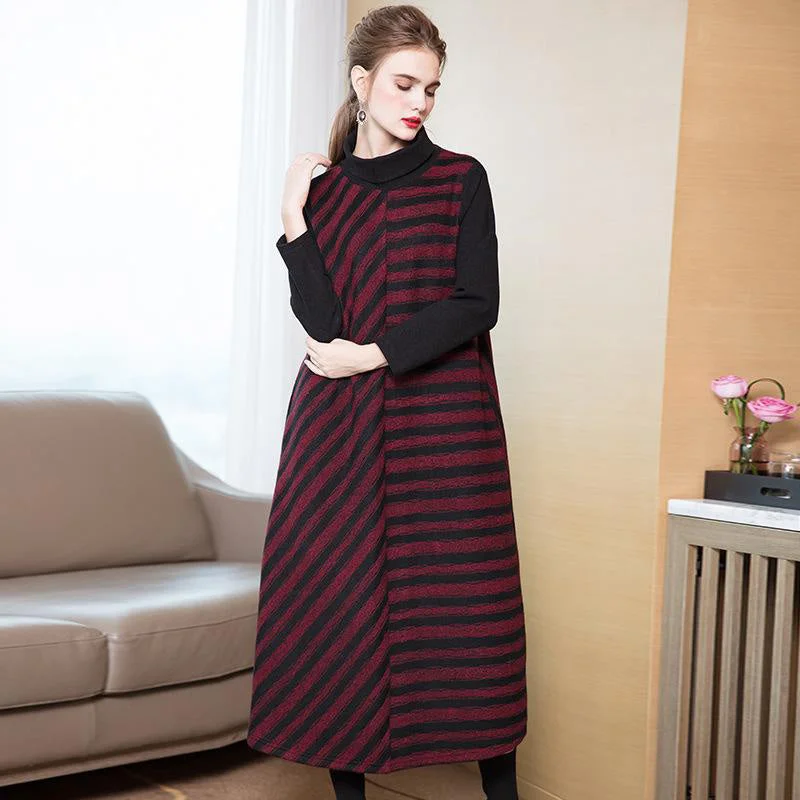 high-waisted dressFashion 2018 New High Neck Striped A Line Maxi Dresses For Women