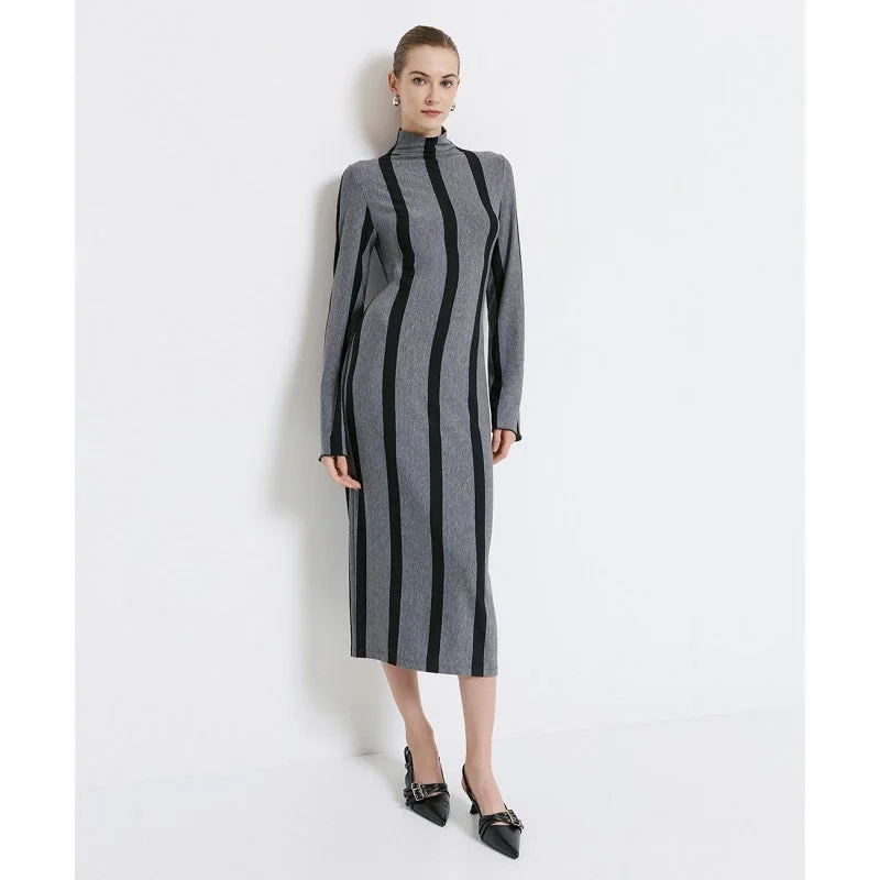 ruched dressAccess Fashion Black/Grey Striped Turtleneck Dress