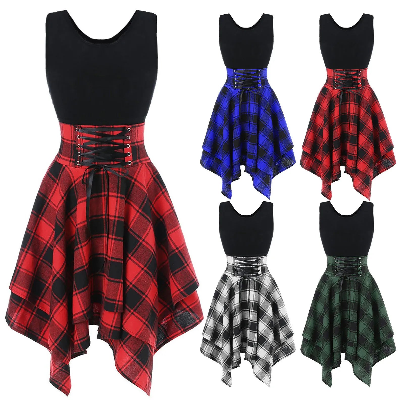 sleeveless dressJuliaFashion - Elegant Lace Up Party Summer Preppy Cross Up Plaid Mini Holiday For Woman Gothic Clothing Sun Vestidos Dress