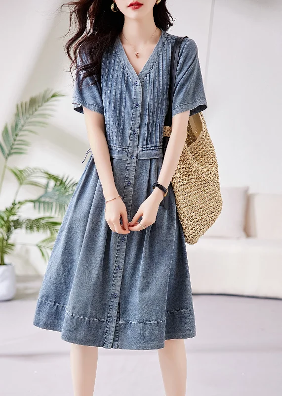 lace-up dressFrench Blue V Neck Button Drawstring Denim Blouses Dresses Summer