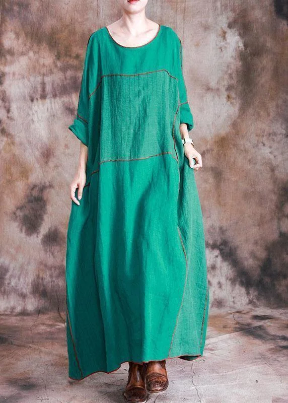 midi dressBeautiful patchwork linen dresses Shirts green Batwing Sleeve Dresses fall