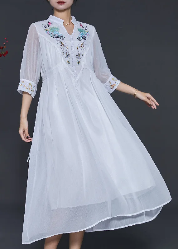 New Markdowns French White V Neck Embroidered Chiffon Dress Summer