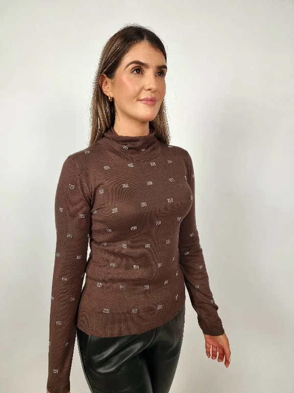 Fantastic Offers Access Fashion Chocolate Brown Rhinestone Knitted Turtleneck